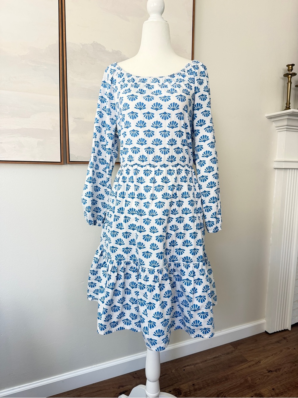 J Crew Cotton Blue & White Seashell Print Tiered Long Sleeve Mini Dress